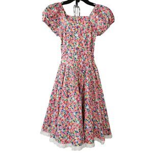 Vintage 80s Girls Dress Sz 10 Cherry Fruit Floral Prairie Cottagecore Pink Blue